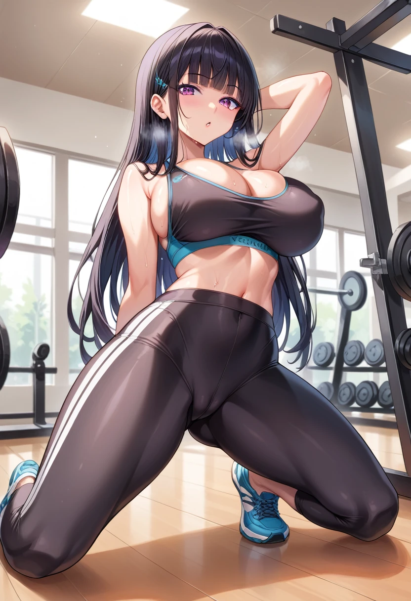 Score_9, score_8_up, 4k, 8k, detailed face, source_anime, artstation, grandeur, intricate-details, depth-of-view, flatshading, BREAK
1girl,cameltoe, huge breasts, black hair, long hair, blunt bangs, smooth skin, , rating_questionable, in heat, gym, yoga pants