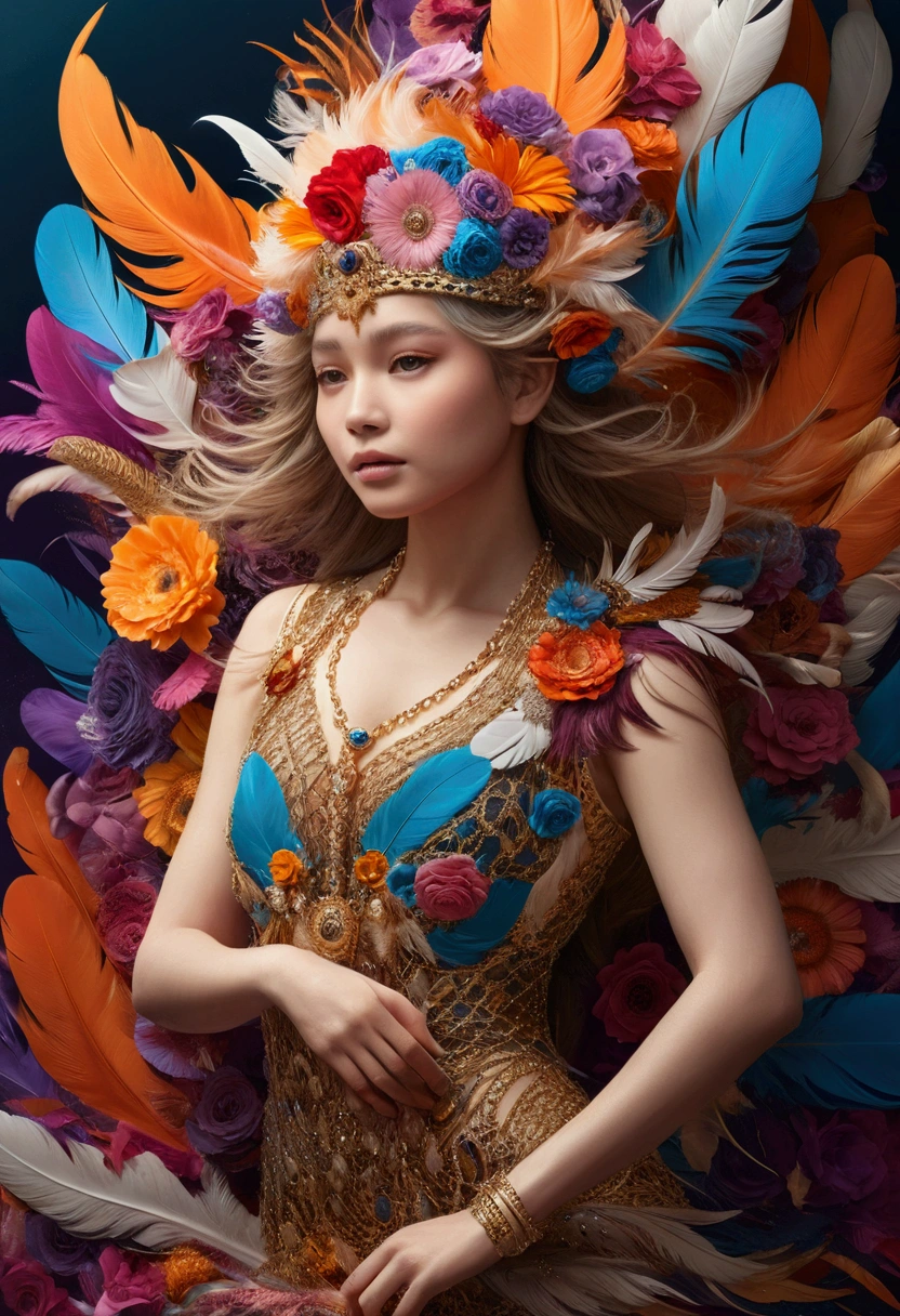 1(Very detailed), (masterpiece, Highest quality, Highest quality, Official Art, beautifully、aesthetic:1.2), (One girl:1.3), Very detailed,(Fractal Art:1.1),(colorful:1.1)(Flowers:1.3),Most detailed,(Tangled:1.2), (Dynamic pose), (Abstract background:1.3), (Glowing Skin), (Many colors:1.4),  (feather:1.5),Tyndall、
All gold、