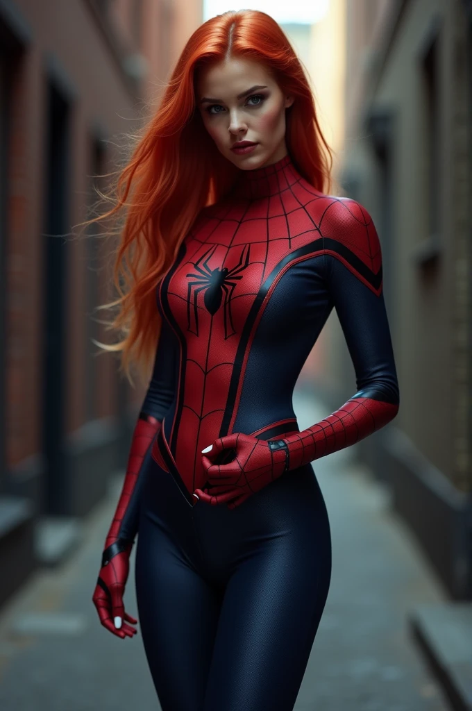 (full body shot:1) photorealistic image of a woman, ultrarealistic, photography, long red hair, woman, 24 years old, hourglass figure, perfect body, Flirty look, natural medium breasts, blur background, wearing a spider-woman suit, standing in a dark alley unzipping her suit