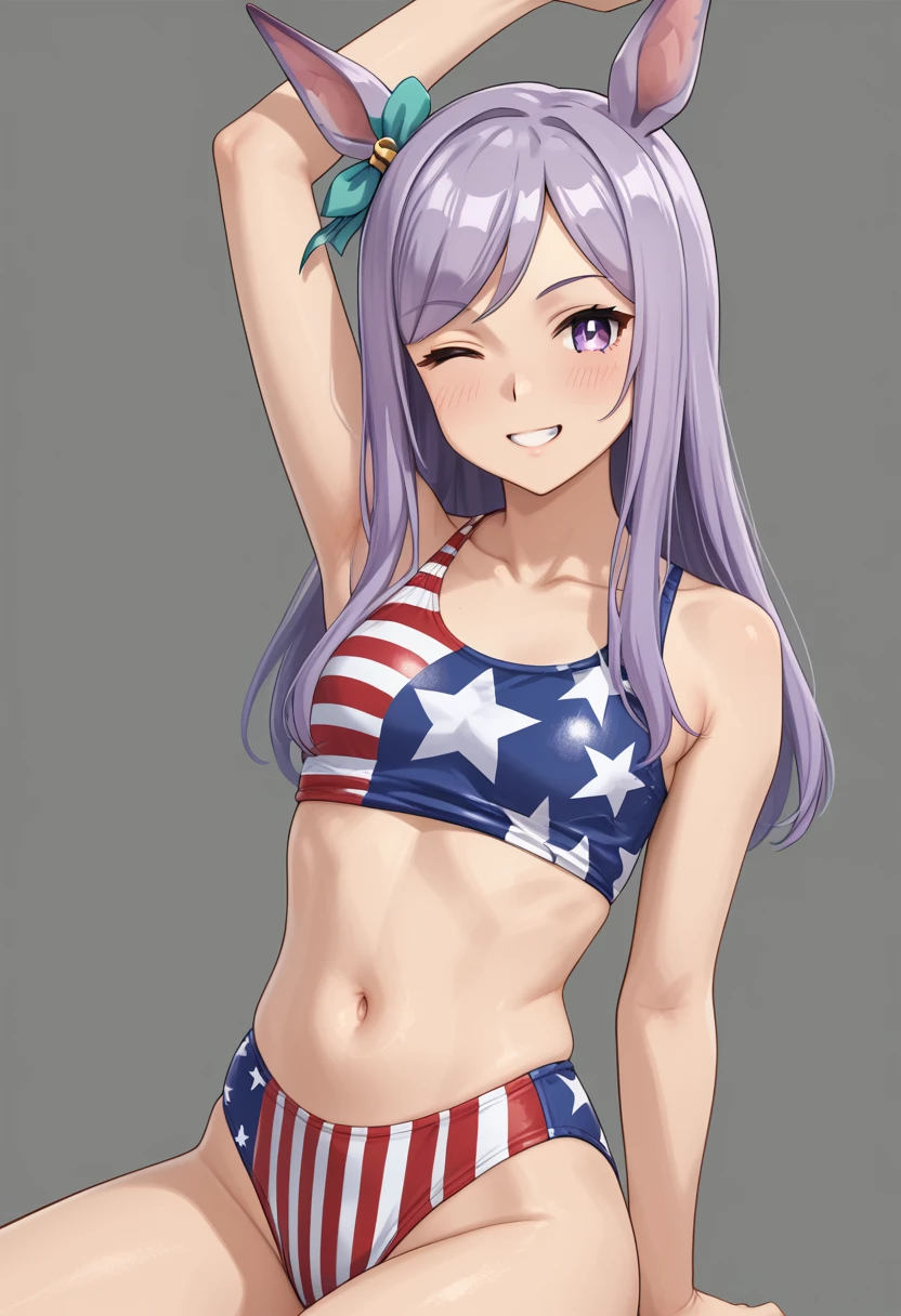 score_9,score_8_up,score_7_up,rating_explicit, source_anime, 1girl, solo, mejiro mcqueen \(umamusume\), earlock, looking at viewer, arm up, stretching, american flag swimsuit, american flag print, smile, winking