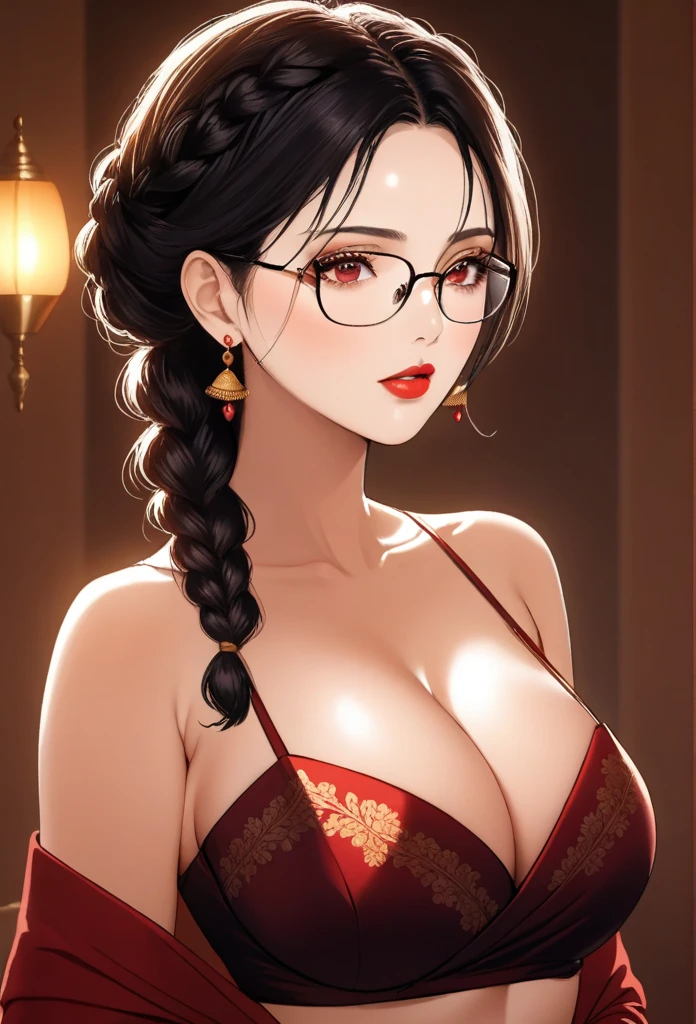 a mature lady with braid hair, wearing aesthetic glasses, face makeup, red lipstick, saree, jhumka earrings, saggy breasts, intricate details, high quality, photorealistic, cinematic lighting, warm color tones, elegant portrait, cleavage,navel