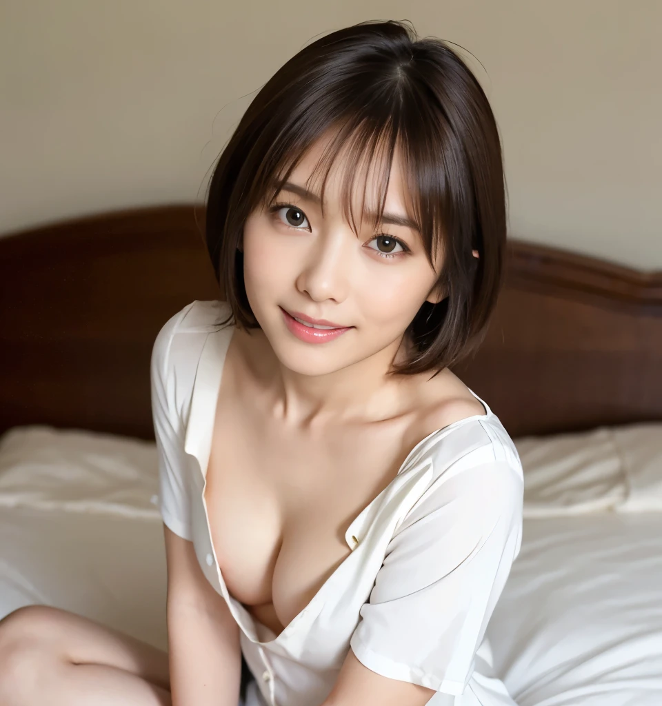 Highest quality、8k、masterpiece、Ultra-high resolution、クリアなphotograph、リアルなphotograph、Realistic、Professional Lighting、photograph、(Very cute girl、beautiful girl)、smile、Very short hair、Brown Hair、Ultra slim、Slender body、Slender body、(Small breasts、Flat Chest:1.6)、Large erect nipples、Tight waist、(Wear a white blouse、(Unbutton your blouse))、全身photographを撮る)、Bedroom with morning sun streaming in、(Sit on the bed:1.6、White sheets、(Peeking into the cleavage、Her cleavage is visible)、Warm lighting)、(真上からphotograph)