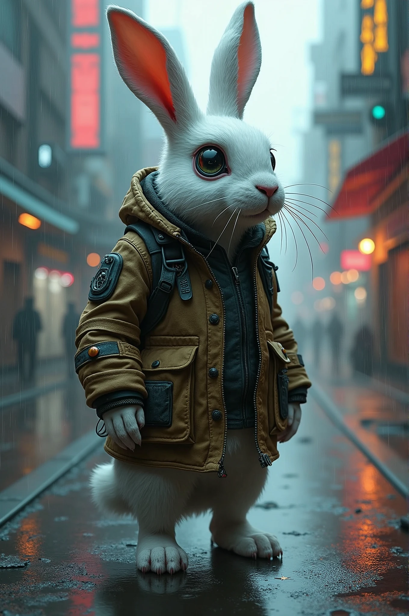 An adult white rabbit stands in a cyberpunk city, in the rain. He's wearing a cyberpunk style jacket. The rabbit has an augmentation on his right eye and a lot of scars.