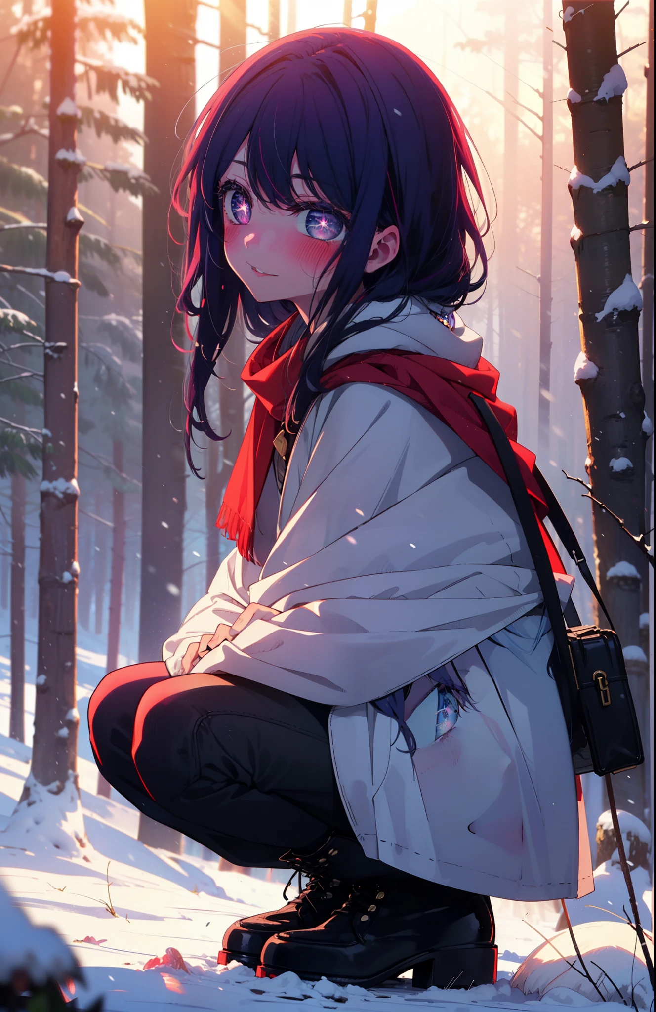 aihoshino, Ai Hoshino, Long Hair, bangs, (Purple eyes:1.1), Purple Hair, (Symbol-shaped pupil:1.5), smile,,smile,blush,white breath,
Open your mouth,snow,Ground bonfire, Outdoor, boots, snowing, From the side, wood, suitcase, Cape, Blurred, , forest, White handbag, nature,  Squat, Mouth closed, Cape, winter, Written boundary depth, Black shoes, red Cape break looking at viewer, Upper Body, whole body, break Outdoor, forest, nature, break (masterpiece:1.2), Highest quality, High resolution, unity 8k wallpaper, (shape:0.8), (Beautiful and beautiful eyes:1.6), Highly detailed face, Perfect lighting, Highly detailed CG, (Perfect hands, Perfect Anatomy),