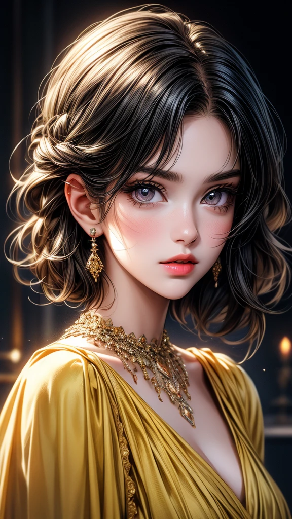 A cute girl, little sister, beautiful detailed eyes,beautiful detailed lips, black hair, short hair, yellow eyes, off-solder beautiful dress, extremely detailed eyes and face,long eyelashes, illustration, ultra-detailed, best quality, 4k, 8k, highres, masterpiece:1.2,ultra-fine painting,sharp focus,professional,vivid colors,portraits, parted lips.