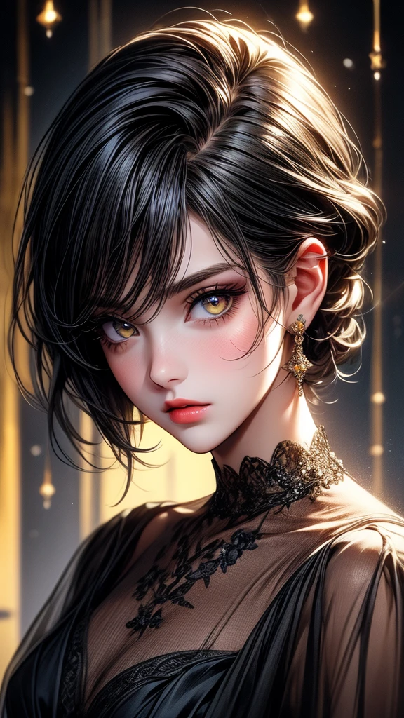 A cute , littter, beautiful detailed eyes,beautiful detailed lips, black hair, short hair, yellow eyes, off-solder beautiful dress, extremely detailed eyes and face,long eyelashes, illustration, ultra-detailed, best quality, 4k, 8k, highres, masterpiece:1.2,ultra-fine painting,sharp focus,professional,vivid colors,portraits, parted lips.