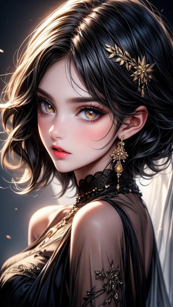 A cute , littter, beautiful detailed eyes,beautiful detailed lips, black hair, short hair, yellow eyes, off-solder beautiful dress, extremely detailed eyes and face,long eyelashes, illustration, ultra-detailed, best quality, 4k, 8k, highres, masterpiece:1.2,ultra-fine painting,sharp focus,professional,vivid colors,portraits, parted lips.