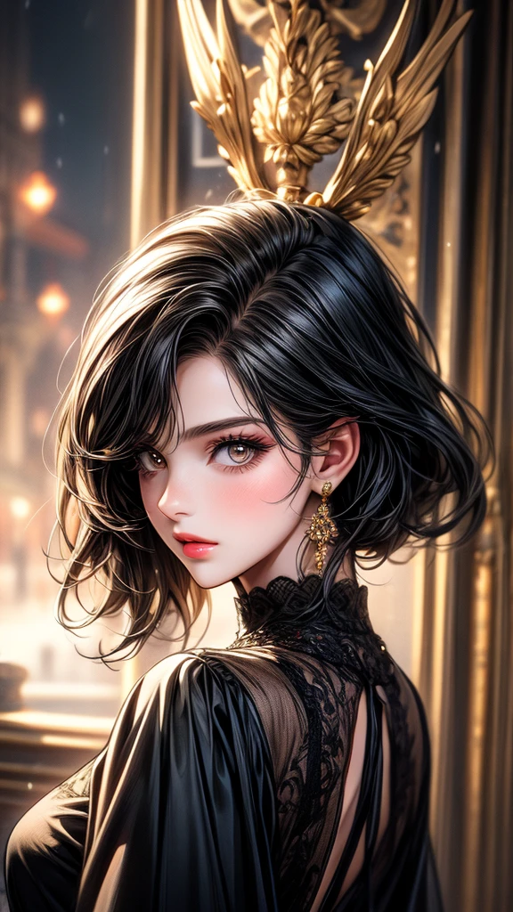 A cute girl, little sister, beautiful detailed eyes,beautiful detailed lips, black hair, short hair, yellow eyes, off-solder beautiful dress, extremely detailed eyes and face,long eyelashes, illustration, ultra-detailed, best quality, 4k, 8k, highres, masterpiece:1.2,ultra-fine painting,sharp focus,professional,vivid colors,portraits, parted lips.