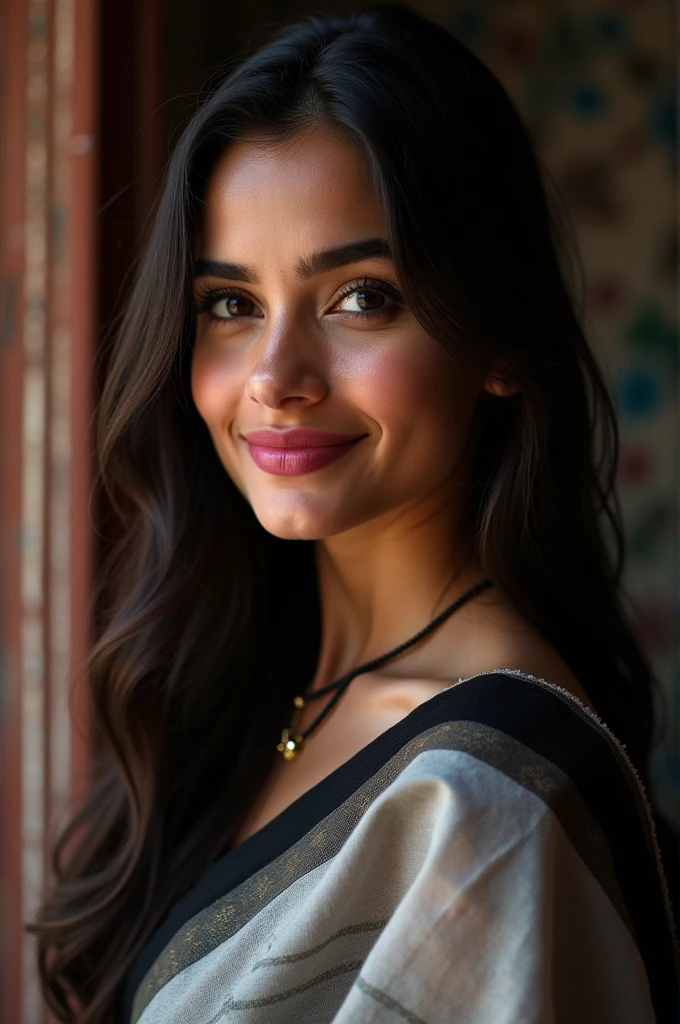 RAW photo, face portrait photo of beautiful 20 y.o woman, cute face, wearing black white sari, happy face, hard shadows, cinematic shot, dramatic lightin, big boobs, long hair, dramatic background, dark pink lips, sexy figure , multi color background, tajmahal background