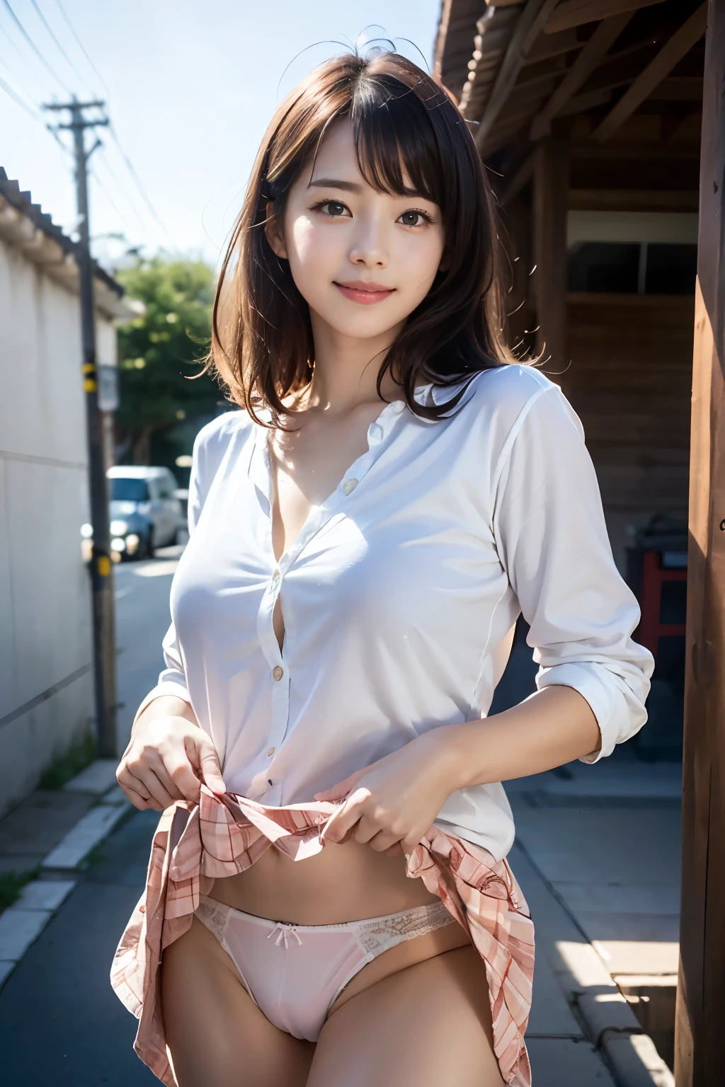 Browsing Caution, ((Outdoor)), Lewd smile、(Realistic、Realistic:1.37)、(masterpiece)、(Highest quality:1.4)、(Ultra-high resolution:1.2)、(RAW Photos:1.2)、(Sharp focus:1.3)、(stand:1.2)、elegant、(Whole Body Ezbian:1.2), bangs, Very cute Japanese girl、 (A faint smile:1.3)、(Makes hair shine:1.3)、((Panty stains)), Short pleated skirt、Shooting from below、Beautiful and delicate eyes、 View your viewers、Shooting from an upward angle、Secretly photographing underwear under a skirt、panties:1.8、looking_back,(masturbation_through_clothes:1.3)、oral,saliva、cameltoe, cleft of venus、clear reality pussy