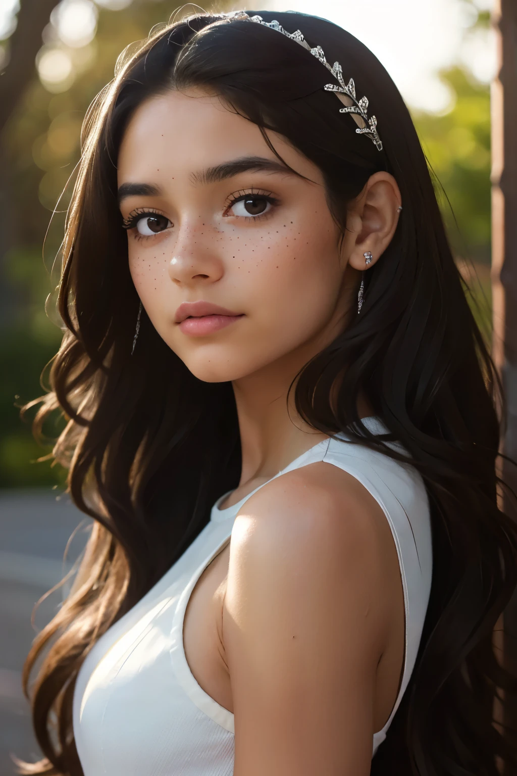 ((best quality)), ((masterpiece)), (detailed), beautiful latina girl, perfect face, calm expression, soft expression, not fully smiling, (dark brown eyes), (black eyes), photorealistic, detailed long hair, perfect lighting, (young), delicate, gentle, feminine, she is beautiful, she is calm, photorealistic image, long black hair, dark brown sheen, clear brown eyes, clear black eyes, light freckles across her cheeks, long wavy hair, long curly hair, realistic, (tanned white skin)