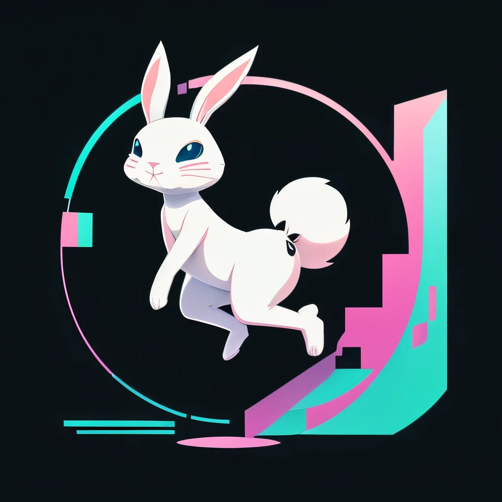 Cartoon animal design, flat style cute rabbit full body photo, simple but not lost sense of design, fresh flat style, cyberpunk elements are applied freely, the front view presents a charming cute posture, and the feet hang down in a cute posture