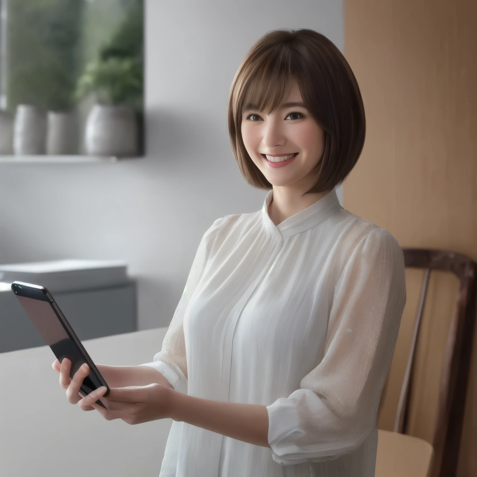 Stand on the left side of the screen,View smartphone,Staring at smartphone,Realistic, Realistic, Realistic, Realistic, masterpiece, Highest quality, Very detailed,Textured skin, Attention to detail, Highest quality, 8k, (Clear contours), woman,30 years old, holds a smart phone in one hand:1.5, White blouse,A big smile, smile:1.2, shy, Shaggy Cut,Brown Hair, Brown Hair, Inverted hair