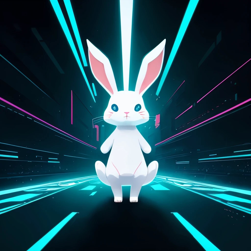 Cartoon animal design, flat style cute rabbit full body photo, simple but not lost sense of design, fresh flat style, cyberpunk elements are applied freely, the front view presents a charming cute posture, and the feet hang down in a cute posture