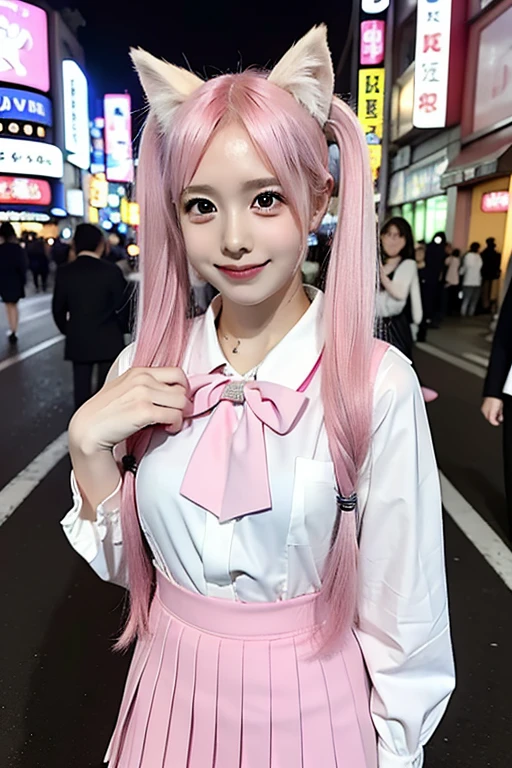 ((Pink Hair))、((Pink Hair))、((Twin tails))、((Highest quality、8k、masterpiece))、((Landmine Girl))((Highest quality、8k、masterpiece))、Sharp focus:1.2、(Small fox ears)、Cute 17 year old girl with perfect figure、((Japan schoolgirl summer uniform))、Highly detailed face、Pay attention to the details、double eyelid、Beautiful thin nose、Sharp focus:1.2、Beautiful woman:1.4、、Highest quality、masterpiece、Ultra-high resolution、(Realistic:1.4)、((Neon Light))、((On the streets of Kabukicho at night))、Highly detailed and professional lighting、nice smile、((Japan schoolgirl summer uniform))
