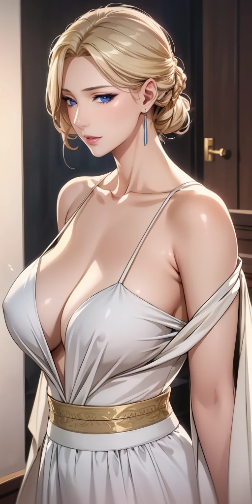 Elegant mature woman, milf, blue eyes, blonde hair, soft light, 4k resolution, high quality, beautiful cg