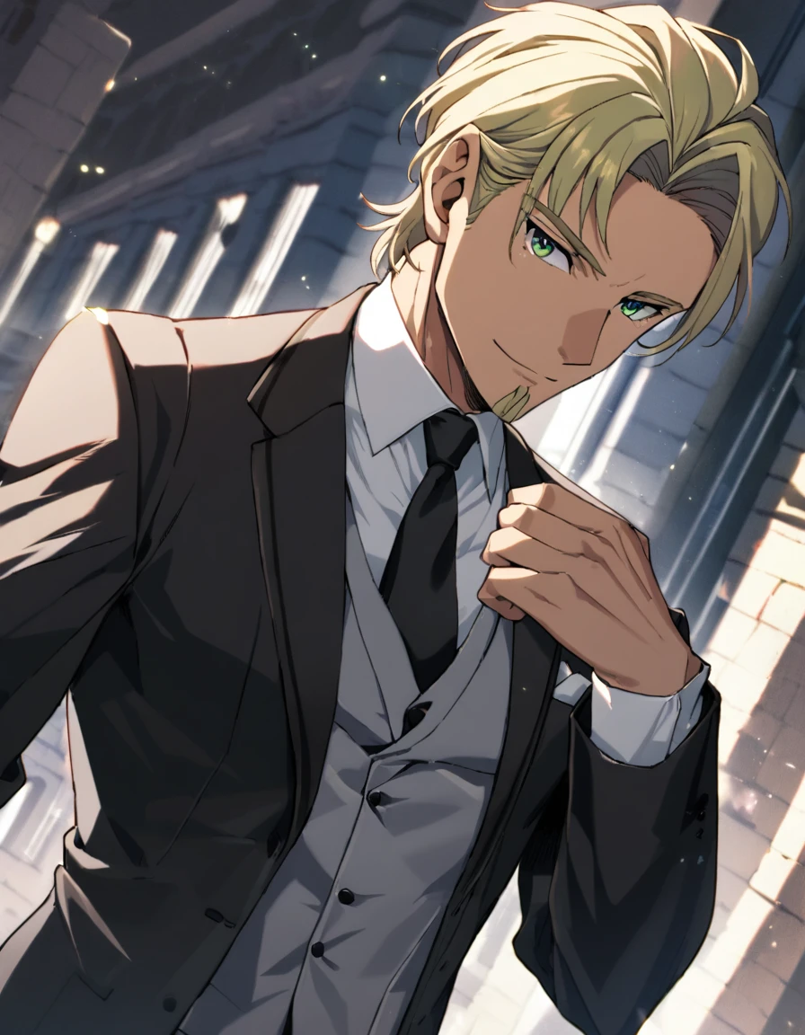 1man, veteran spy agent, handsome mature, business hair with asymmetrical bangs, narrow goatee, green platina blond hair, emerald eyes, 45yo, charming caucasian, ordinary uncle, pentagon shaped, BREAK ideal ratio body proportions, middle weight muscular, beautiful detailed eyes, dark iris, BREAK solo, businessman in black suit, black necktie, white shirt, softly smile, funeral clothing, at wall street, detailed background, BREAK upperlegs, dandy posing, dramatic expression, 2000s, visual novel, in newest eroge style, dutch angle, cinematic shadows, cinematic lighting, lens flare, light leaks, texture, absurdres absolutely resolution, extreme all detailed, masterpiece, best quality