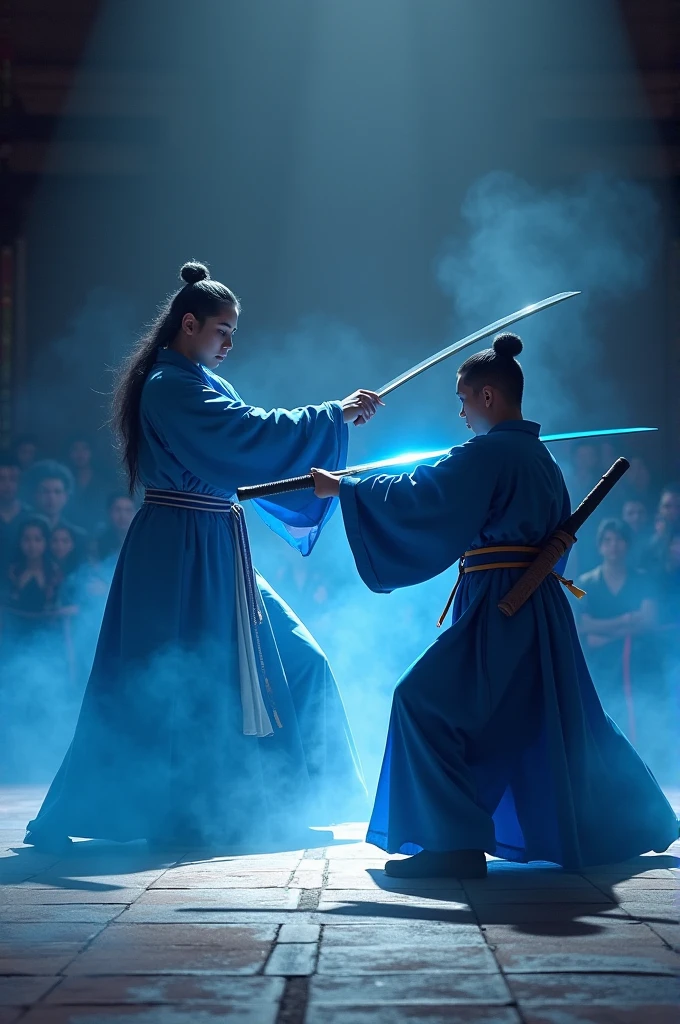 Blue light flashing,A blue steel sword suddenly thrust out,Pointing to the middle-aged man's left shoulder,The young swordsman does not wait for the old sword to use his sword moves,Wrist flick sword slant,The sword had already cut towards the man's right neck.。The middle-aged man raised his sword to block,A clanging sound,Double Swords Clash,Buzzing,The sound of the earthquake finally stopped,The twin swords gleamed,Three moves have been taken down。The middle-aged man's long sword suddenly struck down,Cut the boy's head。The boy dodged to the right,Left-hand sword technique,The steel sword stabbed the man's thigh。
The two swordsmen are swift,Fight with all your strength。
There were two people sitting on the east side of the martial arts hall.。The one at the top is a middle-aged Taoist nun in her forties.,Livid,Lips tightly closed。The next person is an old man in his fifties.,Right hand twisting long beard,Looks very proud,The two seats were more than ten feet apart.,Behind him stood more than 20 men and women.。There were more than ten guests sitting on a row of chairs on the west side.。The sunlight from both the east and the west is focused on the fight between the two people in the arena.。