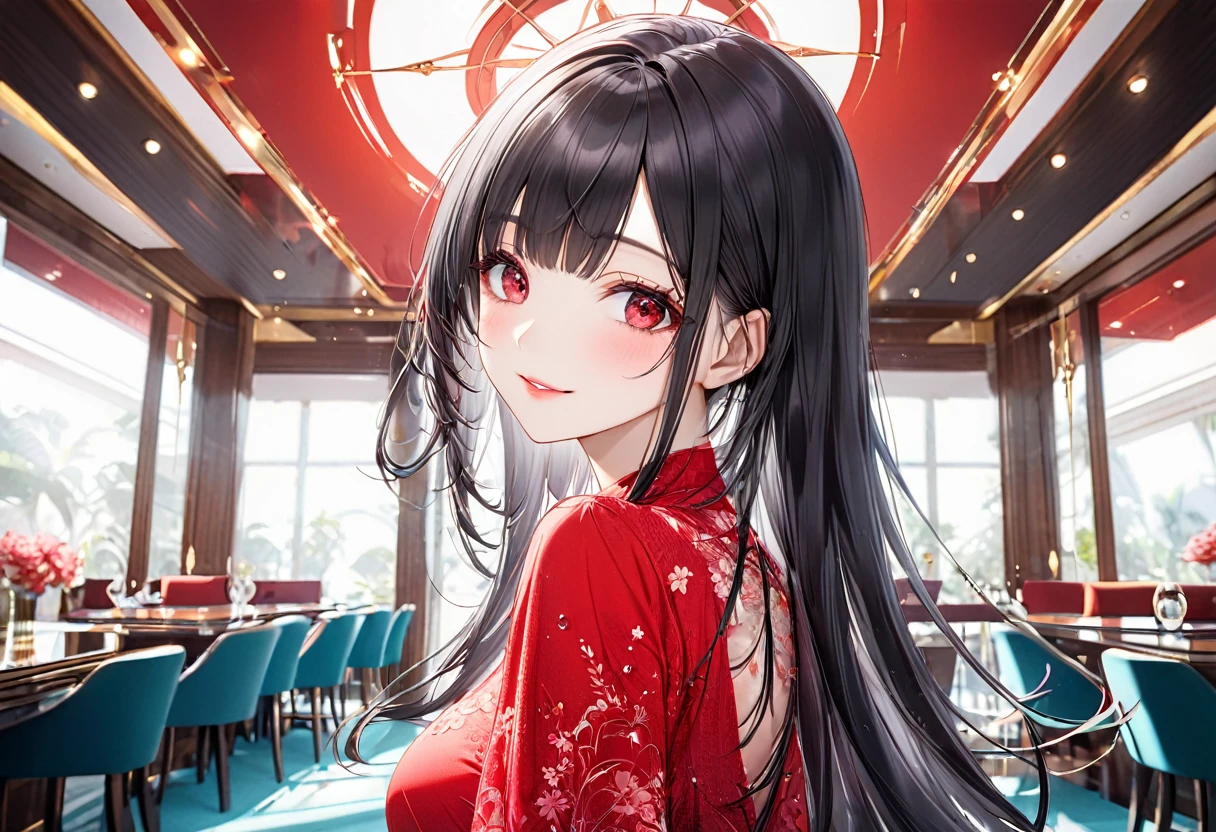 A woman serving customers in a nightclub lounge,1girl,Detailed eyes, AKANE,chandelier, dress, very smile, from side