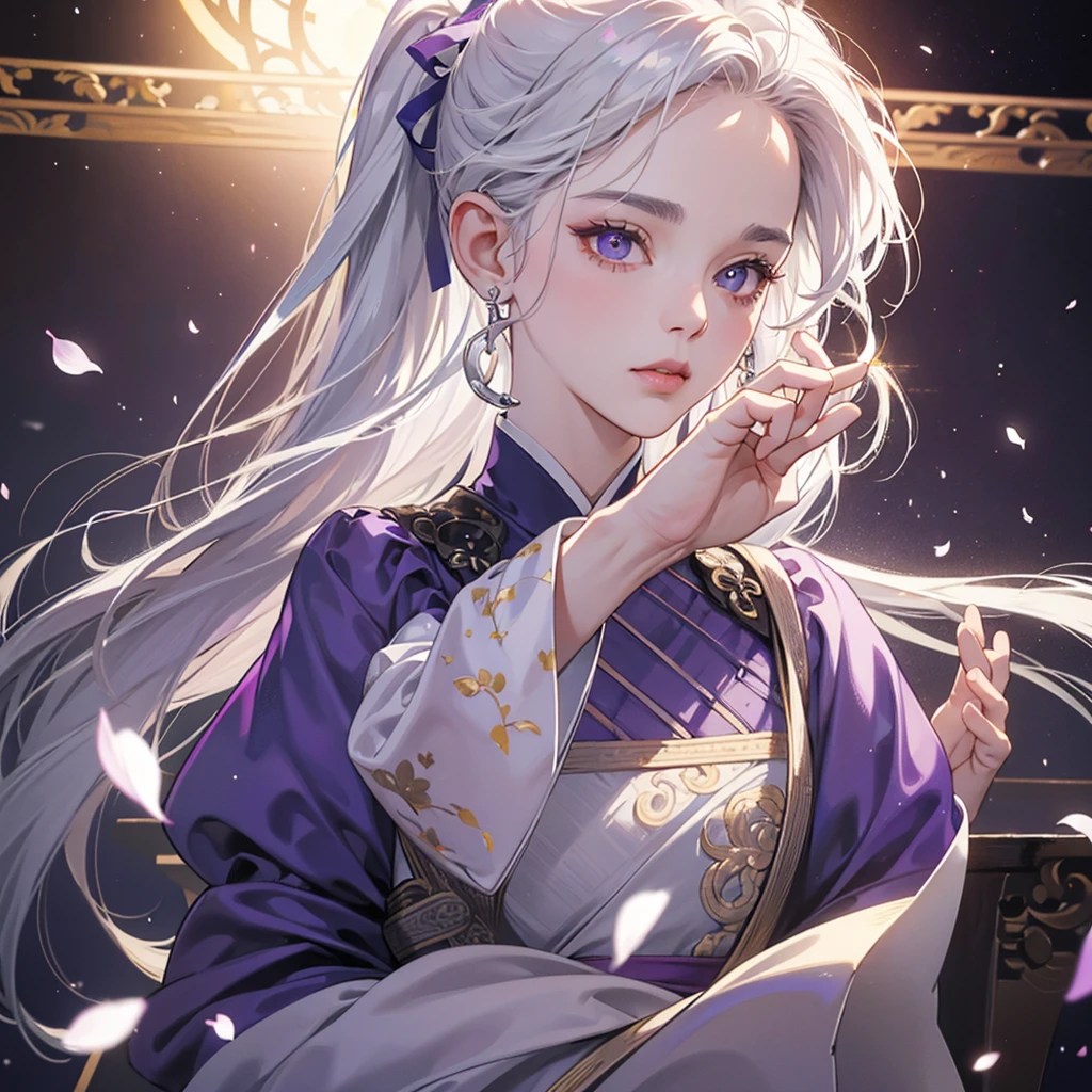 best quality,masterpiece:1.2),ultra high resolution,realistically,front lighting,intricate details,Exquisite details and textures,(1 girl),solo,upper part of body,Purple Hanfu,Such beautiful big eyes,purple dress,Petal decoration,beautiful face,facing the audience,ribbon,gossamer,(young),facial highlights,Detailed production,tear nevus,White skin,silver hair,high ponytail,looking at the audience,big eyes,(hollow pattern),ear nipple ring,fit,White background,right hand,professional lighting,photon mapping,radio city,Physically based rendering