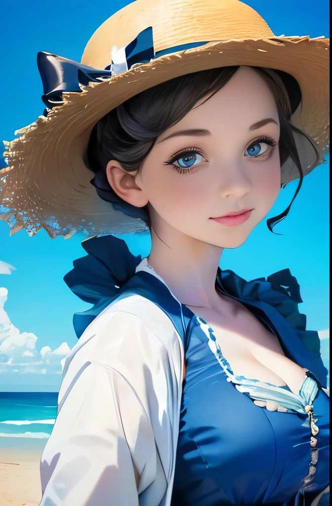 a close up of a woman in a dress and hat on a beach, with straw hat, victorian style costume, victorian blue dress, perdita weeks!, straw hat and overcoat, in victorian aristocrat, inspired by Caroline Lucy Scott, inspired by Isobel Heath, inspired by Isobelle Ann Dods-Withers, inspired by Olive Mudie-Cooke