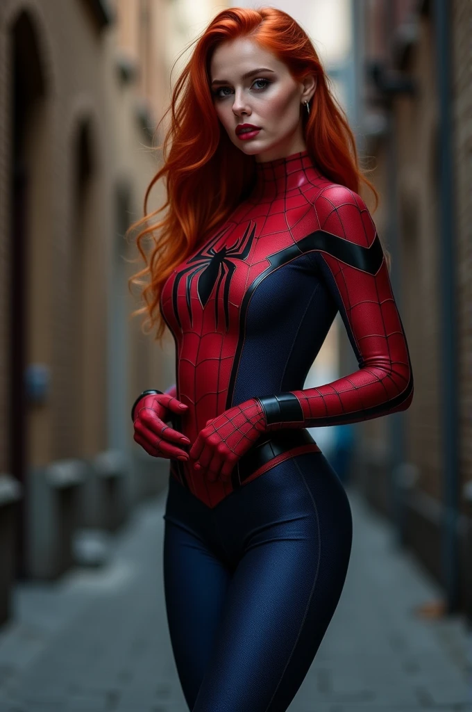 (full body shot:1) photorealistic image of a woman, ultrarealistic, photography, long red hair, woman, 24 years old, hourglass figure, perfect body, Flirty look, natural medium breasts, blur background, wearing a spider-woman suit, standing in a dark alley undressing her suit