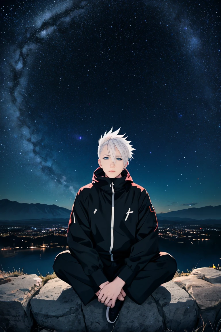 This scene shows a white-haired character in anime style sitting under a night sky. Anime Jutsu Kaisen, Gojo Satoru, backward, The character looks out at a magnificent starry sky and galaxy, with a dazzling light shining in the center. The character is calm and serene, as if gazing into the mysteries of the universe. In the background are mountains and city lights.