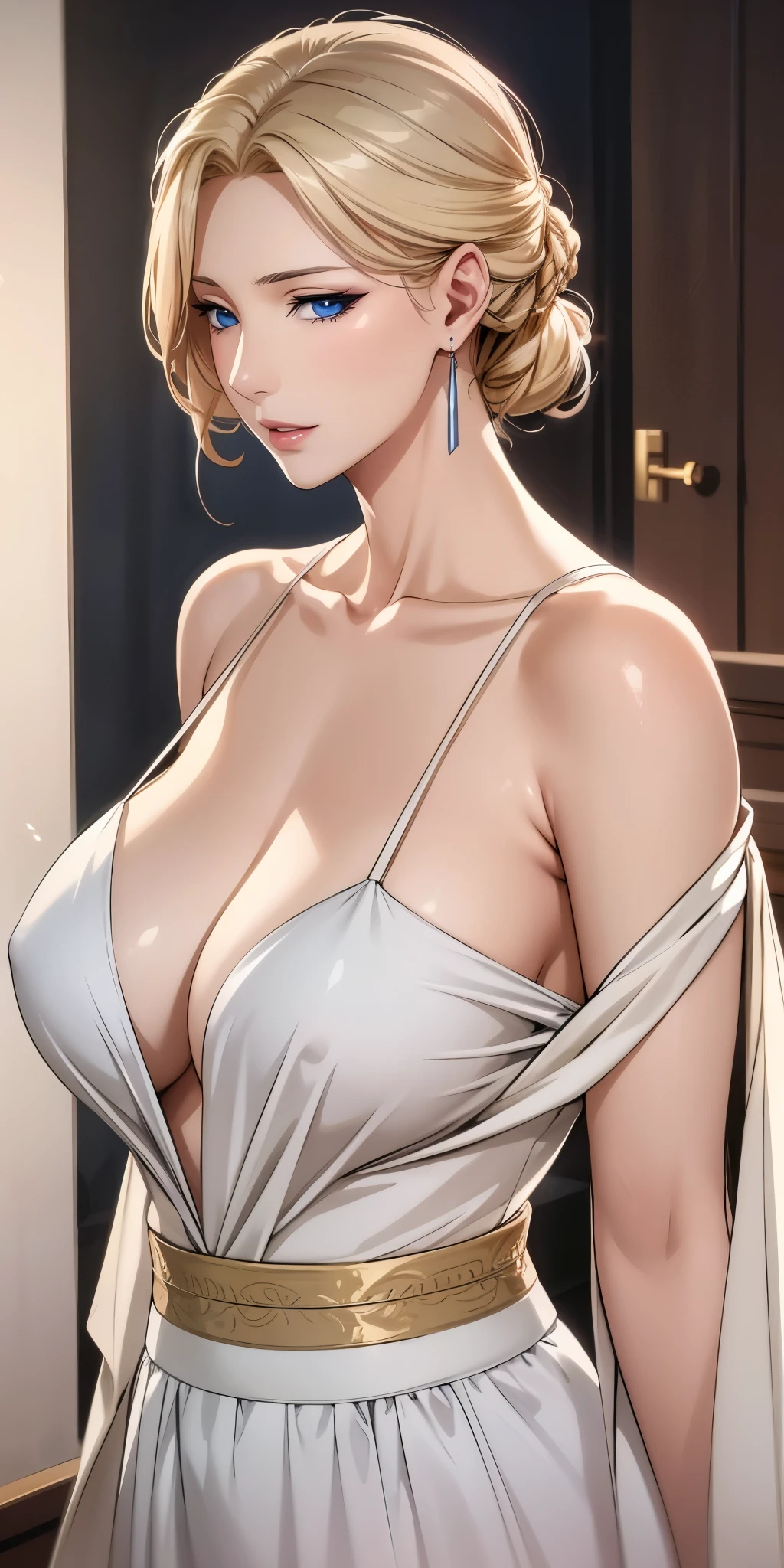 Elegant mature woman, milf, blue eyes, blonde hair, soft light, 4k resolution, high quality, beautiful cg