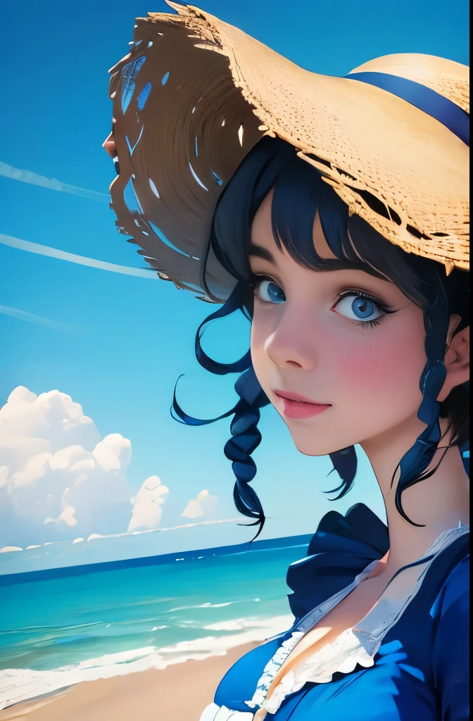 a close up of a woman in a dress and hat on a beach, with straw hat, victorian style costume, victorian blue dress, perdita weeks!, straw hat and overcoat, in victorian aristocrat, inspired by Caroline Lucy Scott, inspired by Isobel Heath, inspired by Isobelle Ann Dods-Withers, inspired by Olive Mudie-Cooke