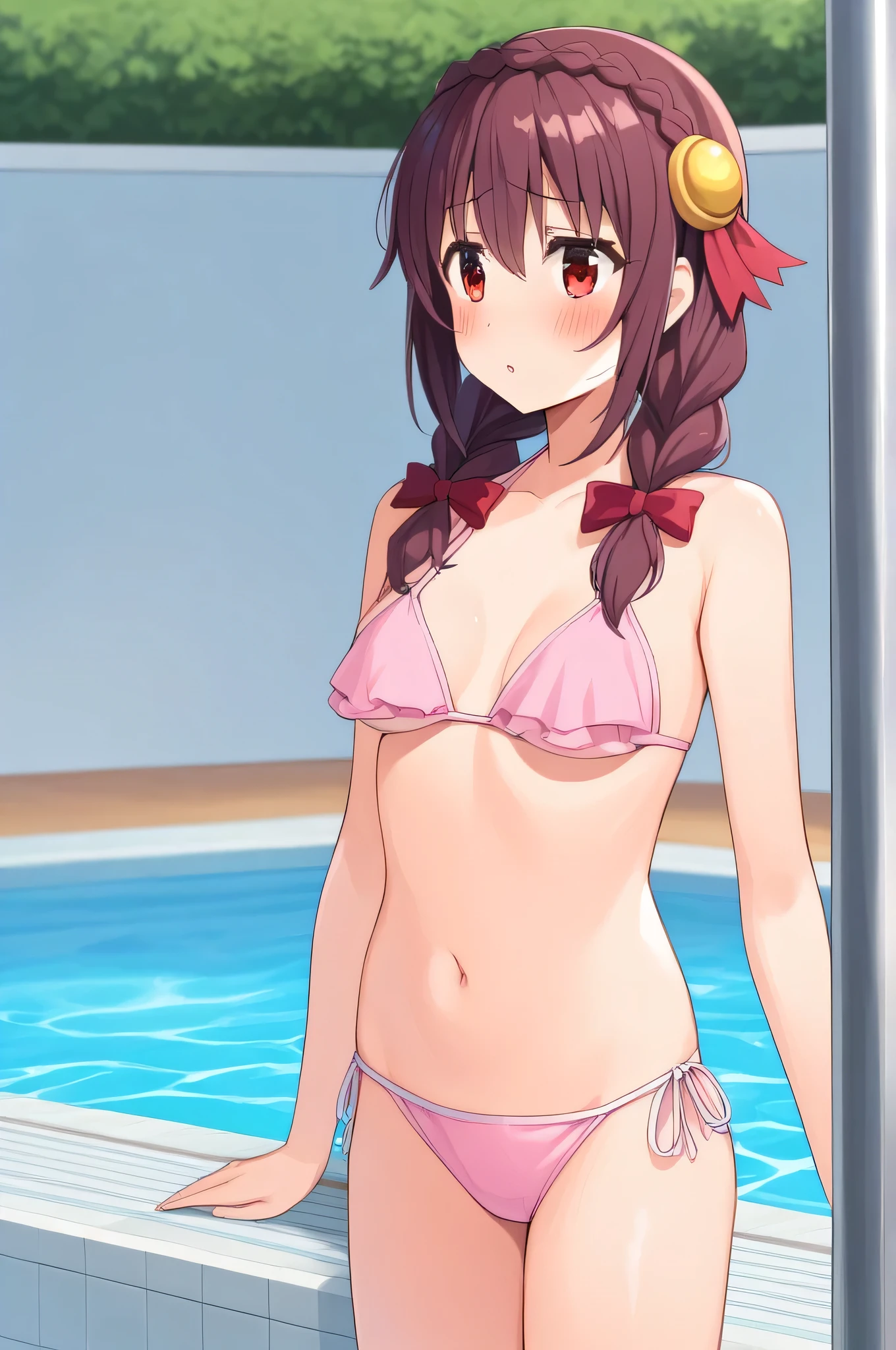 alone, One girl, Yunyun、(blush:1.2) , Crown braids of the same color as your hair, Red Eyes、hair ornaments, Hair Ribbon, (Pink Bikini)、Poolside、Standing up and seeing the whole body、Side view、A slightly anxious look