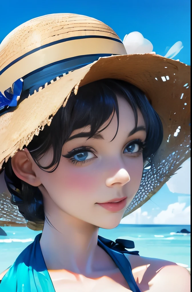a close up of a woman in a dress and hat on a beach, with straw hat, victorian style costume, victorian blue dress, perdita weeks!, straw hat and overcoat, in victorian aristocrat, inspired by Caroline Lucy Scott, inspired by Isobel Heath, inspired by Isobelle Ann Dods-Withers, inspired by Olive Mudie-Cooke