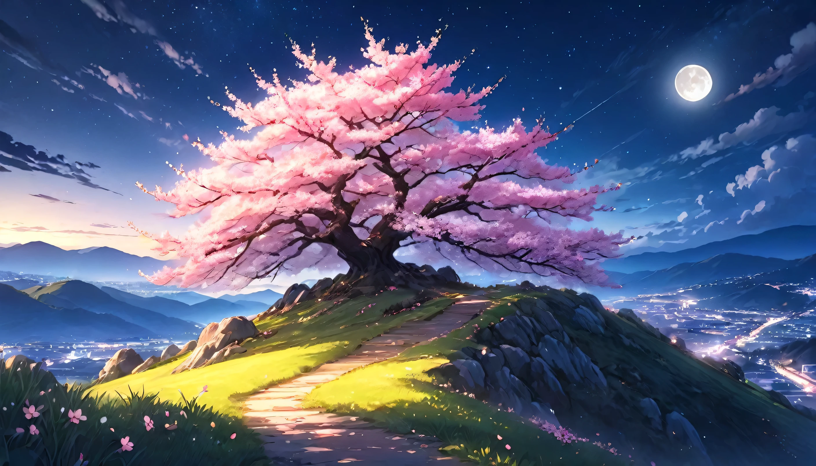 a beautiful cherry blossom tree on a hill at night, small moon, stunning scenery, anime style, detailed digital painting, vibrant colors, dramatic lighting, photorealistic, 8k, best quality, masterpiece