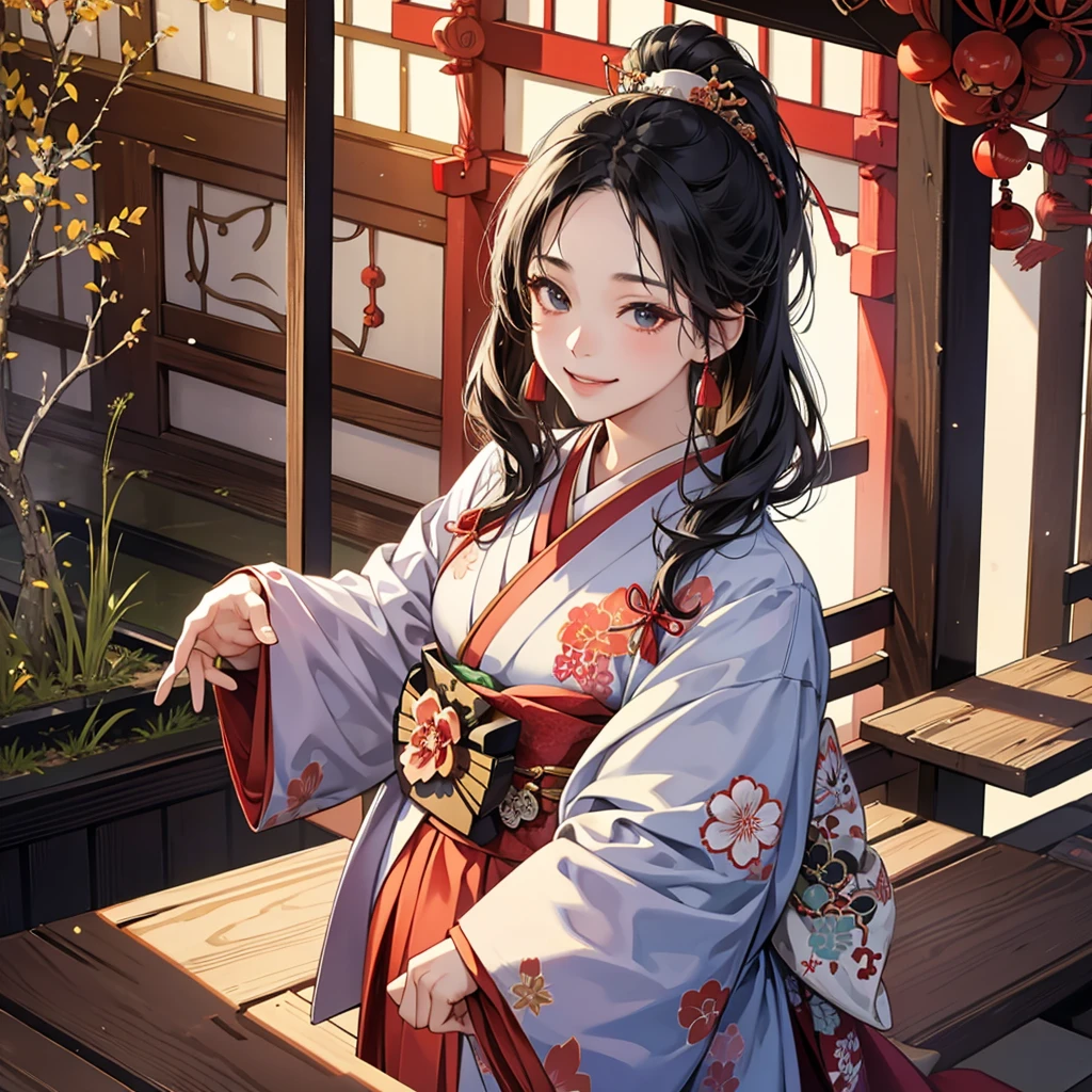 traditional japanese temple, traditional japanese female outfit, kimono, outside, naughty smile, domineering smile, arrogant expression, cocky attitude, masterpiece, best quality, 1 girl
