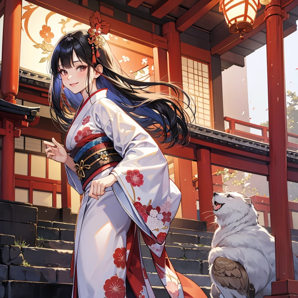 traditional japanese temple, traditional japanese female outfit, kimono, outside, naughty smile, domineering smile, arrogant expression, cocky attitude, masterpiece, best quality, 1 girl