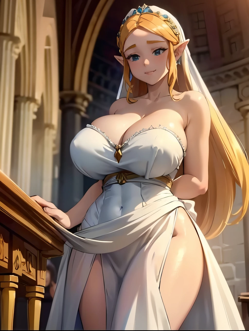 ((masterpiece)), ((best quality)), (detailed), perfect, solo, zelda, gorgeous woman, long hair, collarbone, huge breast, deep cleavage, gigantic breasts, sexy, wedding dress, sleeveless, strapless, smile, standing, church, minigiantess, looking down, from below, indoors, tight dress, torn dress