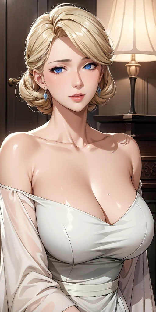 Elegant mature woman, milf, blue eyes, blonde hair, soft light, 4k resolution, high quality, beautiful cg