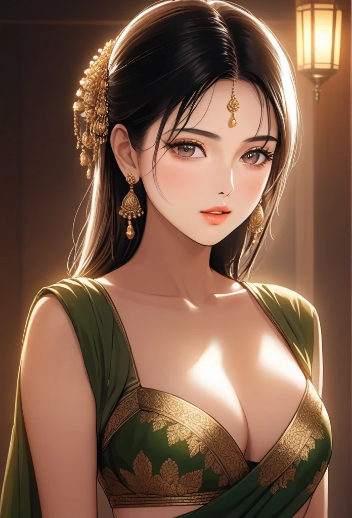 1 mature woman, beautiful detailed eyes, beautiful detailed lips, extremely detailed face and skin, long eyelashes, intricate saree, jhumka earrings, saggy small breasts, cleavage, navel, (best quality,4k,8k,highres,masterpiece:1.2),ultra-detailed,(realistic,photorealistic,photo-realistic:1.37),elegant portrait, cinematic lighting, warm color tones