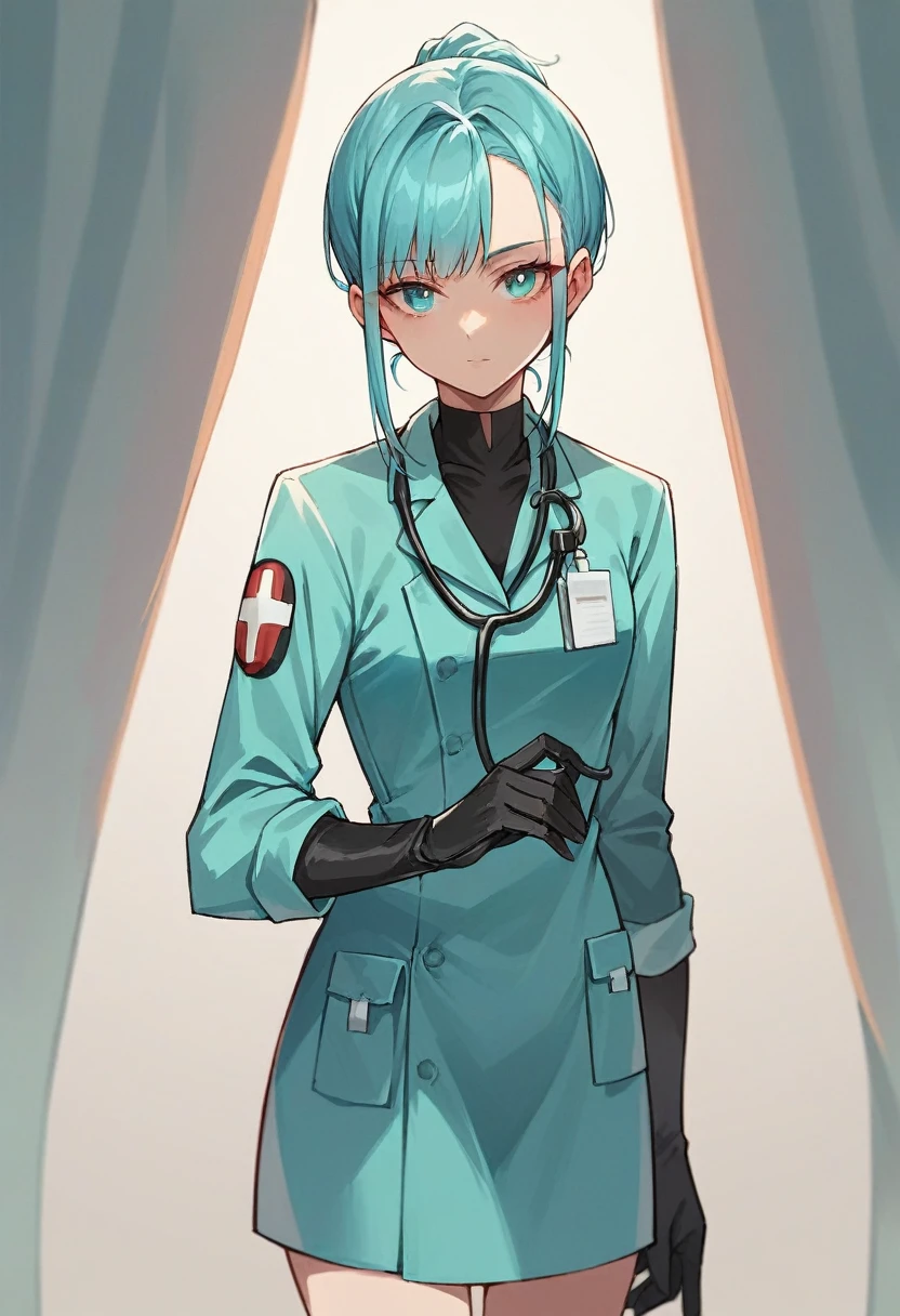 1girl, bangs, ((black medical gloves)), ((((long sleeves)))), looking at viewer, ((cyan doctor outfit)), standing, solo