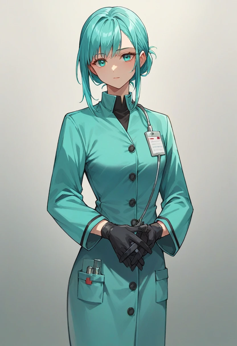 1girl, bangs, ((black medical gloves)), ((((long sleeves)))), looking at viewer, ((cyan doctor outfit)), standing, solo