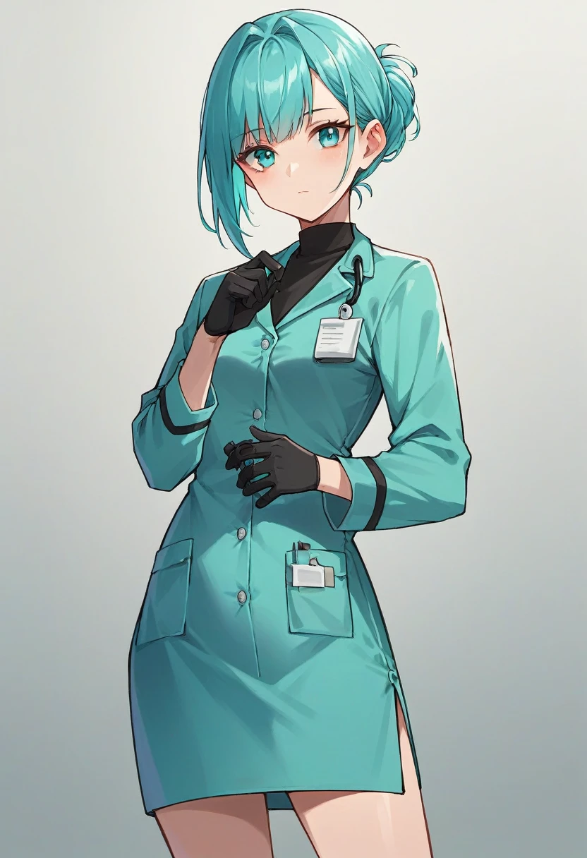 1girl, bangs, ((black medical gloves)), ((((long sleeves)))), looking at viewer, ((cyan doctor outfit)), standing, solo