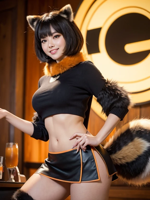 ((Highest quality, 8k)), ((masterpiece)), (Highest Resolution), Perfect Face, Raccoon Woman, Female announcer, Beautiful woman, public, One tail, she has thick thighs, Big tail, She has an orange raccoon tail., She wags her tail, smile, Fur collar, she is wearing a short skirt, Beautiful hip line