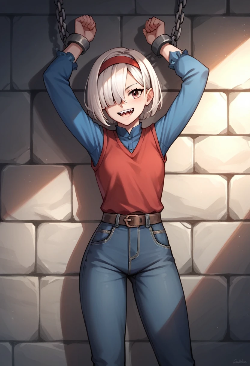score_9, score_8_up, score_7_up, score_6_up, score_5_up, score_4_up, source_anime,(masterpiece, best quality:1.2), solo, 1girl, colettedef, sharp teeth, smile, looking at viewer, hair over one eye, hairband, blue shirt, long sleeves, red vest, pants white hair, brown eyes, w-w-chain, shackles, spread arms, dungeon, best quality, best res, 4K UHD,