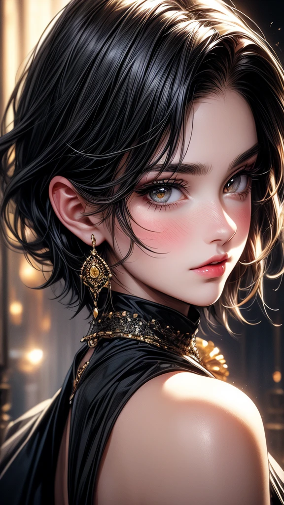 A cute , littter, beautiful detailed eyes,beautiful detailed lips, black hair, short hair, yellow eyes, off-soldiers, beautiful dress, extremely detailed eyes and face,long eyelashes, illustration, ultra-detailed, best quality, 4k, 8k, highres, masterpiece:1.2,ultra-fine painting,sharp focus,professional,vivid colors,portraits, parted lips.