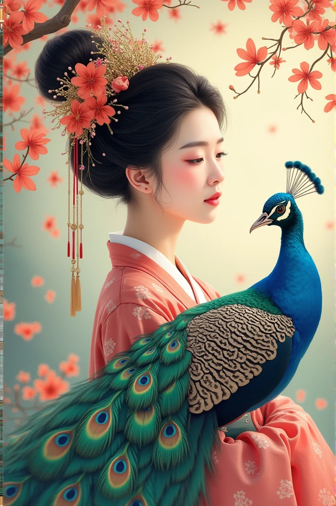 The painting shows a woman with a peacock and flowers in her hair, A beautiful artistic illustration, palace ， Girl wearing Hanfu, Beautiful digital illustrations, Korean Art Nouveau Anime, Beautiful character painting, Beautiful digital illustrations, Popular trends on artstration, Ancient Chinese Art Style, guweiz style artwork, Beautiful art UHD 4K, Lovely and detailed digital art