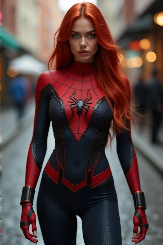 (full body shot:1) photorealistic image of a woman, ultrarealistic, photography, long red hair, woman, 24 years old, hourglass figure, perfect body, Flirty look, natural medium breasts, blur background, wearing a spider-woman suit, cleavage
