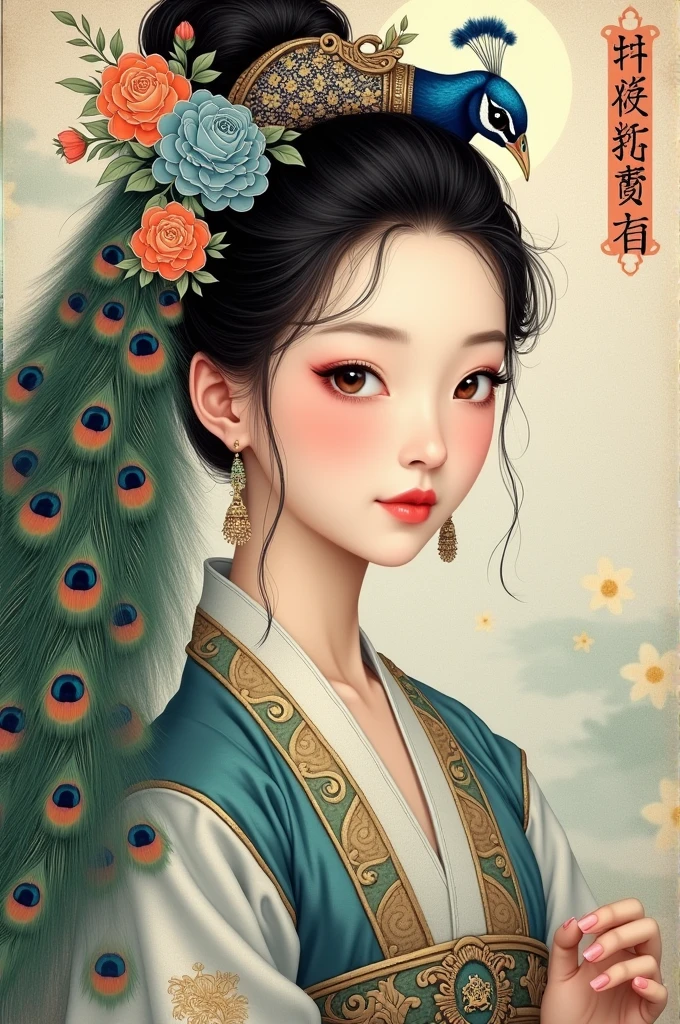 The painting shows a woman with a peacock and flowers in her hair, A detailed painting by Yang Jianjun, cg Social Hotspot, Pop surrealism, A beautiful artistic illustration, palace ， Girl wearing Hanfu, Beautiful digital illustrations, Korean Art Nouveau Anime, Beautiful character painting, Beautiful digital illustrations, Popular trends on artstration, Ancient Chinese Art Style