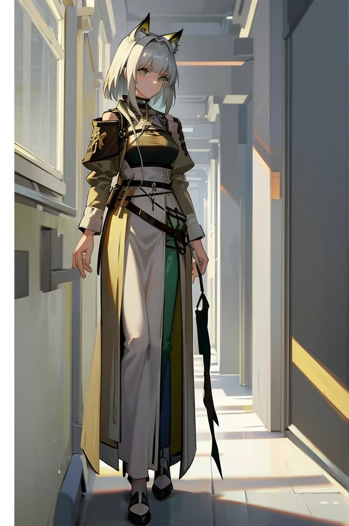Create an anime-style image of Kal'tsit from the Arknights video game. She is depicted as an elegant anime girl with long, flowing white hair that reaches her waist. She has striking green eyes that exude wisdom and calm intensity. she has originium crystal on her right shoulder, make her fingers and hand detailed, Kal'tsit has fox ears, adding to her distinctive and mystical appearance. She is wearing a beautiful green dress, intricately detailed and fitting the sophisticated aesthetic of the Arknights universe. The dress contrasts with her usual medical attire, providing a fresh and unique look. The dress is adorned with fine details, such as subtle embroidery and elegant patterns. Kal'tsit stands in a dark, mysterious environment, which adds to the contrast and highlights her presence. Her serene and composed expression conveys her authoritative and intelligent nature. The setting should evoke a sense of intrigue and depth, fitting for Kal'tsit's character. The art style should reflect the high-quality, detailed character design typical of Arknights, with a focus on fine details and a polished finish. The image should also incorporate elements of the Kantai Collection style, emphasizing the character's beauty and the intricate details of her outfit, Include references to her role as a medic and a senior member of Rhodes Island, subtly incorporating elements like a choker with a glowing pendant or medical tools. The overall composition should present Kal'tsit as a main character in the Arknights universe, maintaining the official character art style.