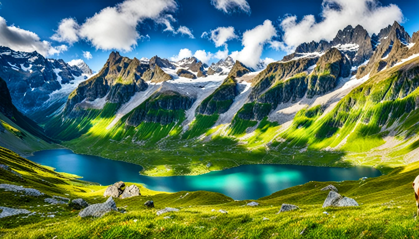 Mountains and lakes、And a cow in the foreground, Swiss Alps, majestic nature scenery, Alpine Landscape, in the Swiss Alps, Beautiful Mountainの背景, Nice views, Beautiful Mountain々, Beautiful nature in the background, Magnificent and beautiful landscapes, 息を呑むほどBeautiful Mountain々, Breathtaking landscapes, very very Very beautiful scenery, very Very beautiful scenery, Beautiful Mountain々 behind, Wonderful landscape, Very beautiful scenery