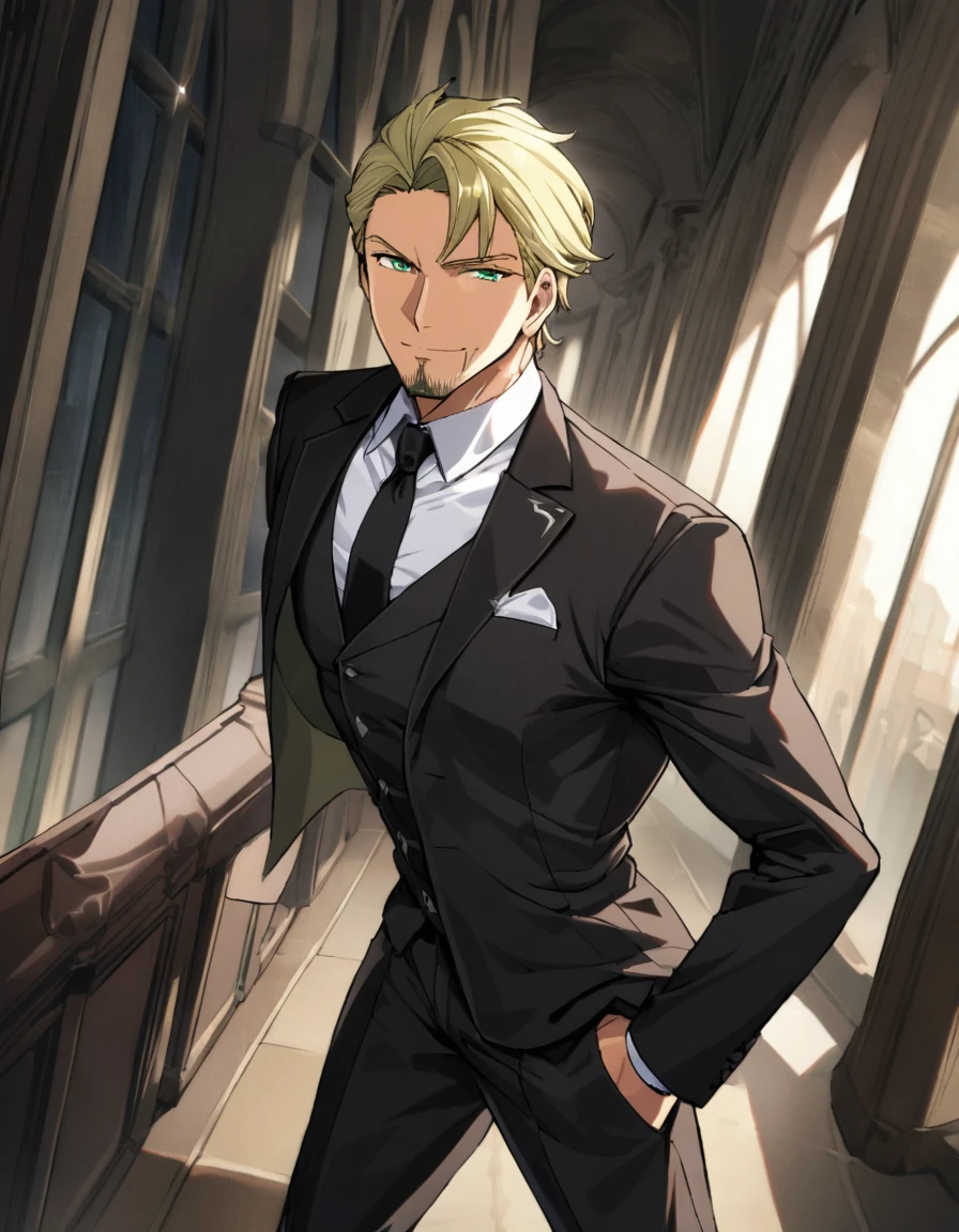 1man, veteran spy agent, handsome mature, business hair with asymmetrical bangs, narrow goatee, green platina blond hair, emerald eyes, 45yo, charming caucasian, ugly uncle, pentagon shaped, BREAK ideal ratio body proportions, middle weight muscular, beautiful detailed eyes, dark iris, BREAK solo, funeral clothing, black suit, black necktie, white shirt, softly smile, at wall street, detailed background, BREAK upperlegs, dandy posing, dramatic expression, 2000s, visual novel, in newest eroge style, dutch angle, cinematic shadows, cinematic lighting, lens flare, light leaks, texture, absurdres absolutely resolution, extreme all detailed, masterpiece, best quality