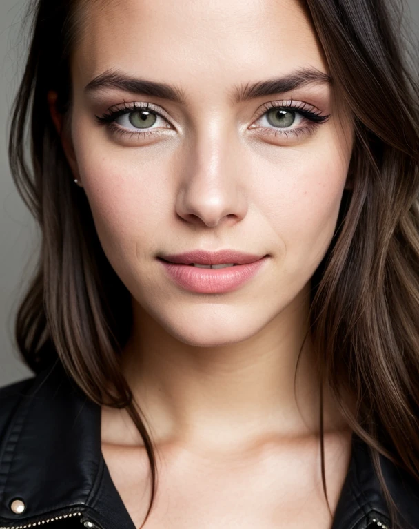 a close up portrait photo of 22yo gorgeous Quebecoise bombshell, feminine face, detailed eyes, round eyes, smirk, (big eyes), (perfect slim body), beautiful punk, symmetry, flirty character portrait, makeup, lipstick, mascara, eyeliner, alternative, hipster, tease, facing viewer, (freckles:0.4), smiling, award winning, waist up, dark theme, soothing tones, muted colors, high contrast, (natural skin texture, hyperrealism, soft light, sharp)
